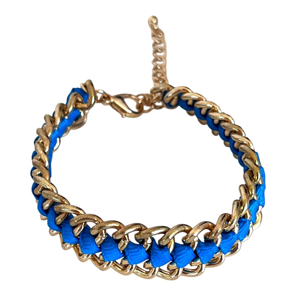 New Gold Tone Link Bracelet Blue Ribbon Statement - 10B